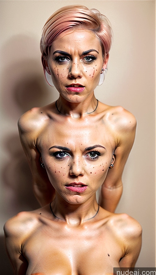 Woman Small Tits German Nude Short Hair 30s Pink Hair Biting Lip Front View Looking Disgusted (Facial Expression)