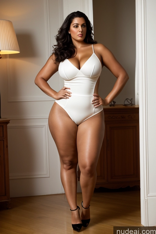 ai nude image of araffe woman in a white bodysuit posing for a picture pics of Perfect Boobs Big Ass Chubby Big Hips Short Pubic Hair Long Hair Tanned Skin 40s Serious Black Hair French Back View High Heels