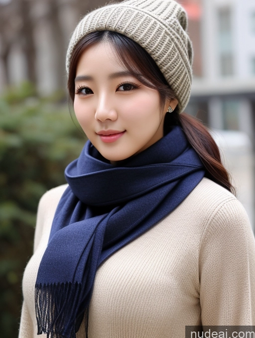 ai nude image of arafed woman wearing a hat and scarf standing in front of a building pics of Korean Perfect Boobs Scarf