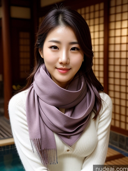 ai nude image of arafed asian woman in white sweater and purple scarf sitting on a bench pics of Korean Perfect Boobs Scarf Onsen