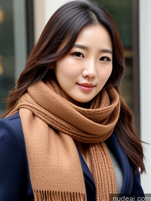 ai nude image of arafed asian woman wearing a scarf and jacket and looking at the camera pics of Korean Perfect Boobs Scarf