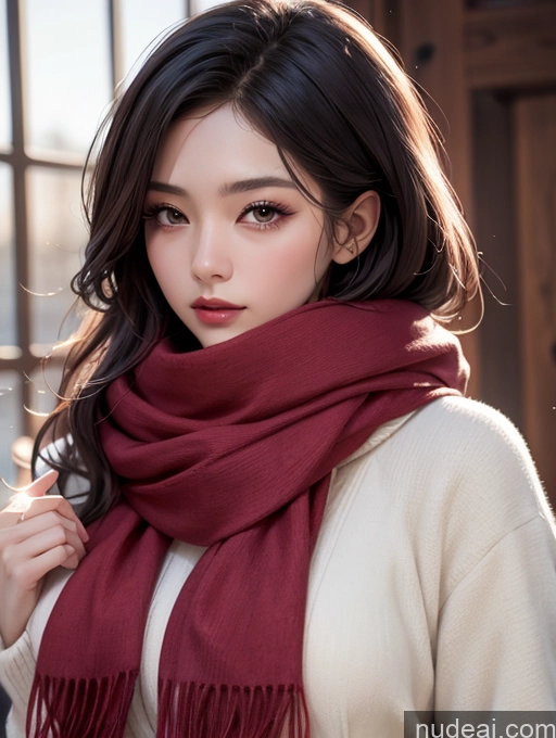 ai nude image of arafed woman wearing a scarf and sweater standing in front of a window pics of Korean Perfect Boobs Scarf