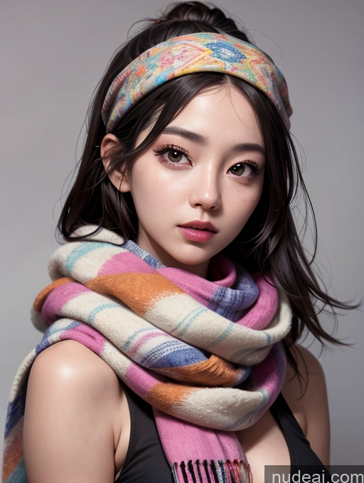 ai nude image of arafed woman with a colorful scarf and a hair comb pics of Korean Perfect Boobs Scarf