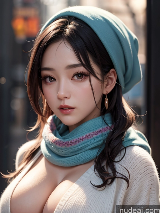 ai nude image of araffed asian woman with a blue hat and scarf pics of Korean Perfect Boobs Scarf