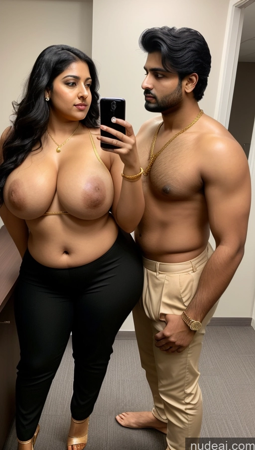 ai nude image of araffes are taking a selfie of a man and a woman pics of Woman + Man Big Ass Perfect Boobs Thick Big Hips Perfect Body Pubic Hair Sexy Face Seductive Detailed Black Hair Indian Beautiful Short Fat Front View Suit Salwar Mirror Selfie Gold Jewelry 20s Office