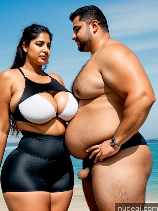 ai nude image of pregnant woman in black swimsuit standing next to a man on the beach pics of Woman + Man Huge Boobs Beautiful Big Ass Thick Big Hips Fat Perfect Body Tanned Skin 30s Sexy Face Black Hair Indian Surrealist Gym Front View Straddling Sports Bra Yoga Pants Cleavage Detailed