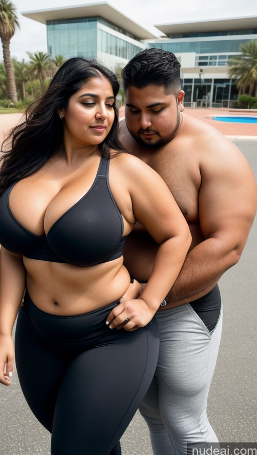 ai nude image of araffes woman in a black bikini and a man in grey pants pics of Woman + Man Huge Boobs Beautiful Big Ass Thick Big Hips Perfect Body Tanned Skin 30s Sexy Face Black Hair Indian Surrealist Front View Sports Bra Yoga Pants Cleavage Detailed Fat Gym