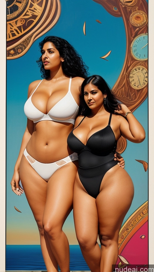 ai nude image of two women in swimsuits standing next to each other on a beach pics of Beautiful Big Ass Thick Big Hips Perfect Body Tanned Skin 30s Sexy Face Black Hair Indian Surrealist Front View Cleavage Detailed Gym Short Chubby Lingerie Woman + Man Sports Huge Boobs Fairer Skin Pubic Hair T-pose