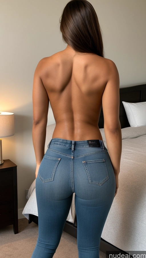 ai nude image of araffed woman in jeans standing in a bedroom with a bed pics of Athlete Bedroom Jeans Big Ass Big Hips Back View