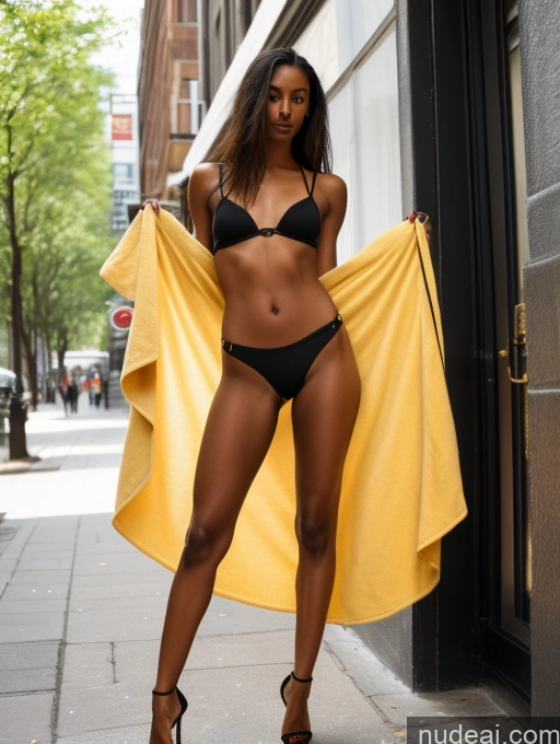 ai nude image of araffe woman in a black bikini and black high heels holding a yellow towel pics of 18 Ethiopian Long Hair Black Hair Small Tits Lipstick Small Ass Long Legs Tall Perfect Body Tanned Skin Dark Skin Open Towel Front View Partially Nude High Heels Street