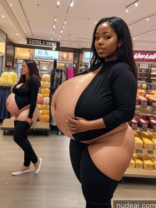 ai nude image of pregnant woman in a black dress standing in a store pics of Busty Huge Boobs Big Ass Thick Chubby Fat Big Hips Pregnant Dark Skin 18 Black Mall Side View Jumpsuit Bright Lighting Detailed Dark_Fantasy_Style Belly Inflation, Cuminflation, Overeating Spandex