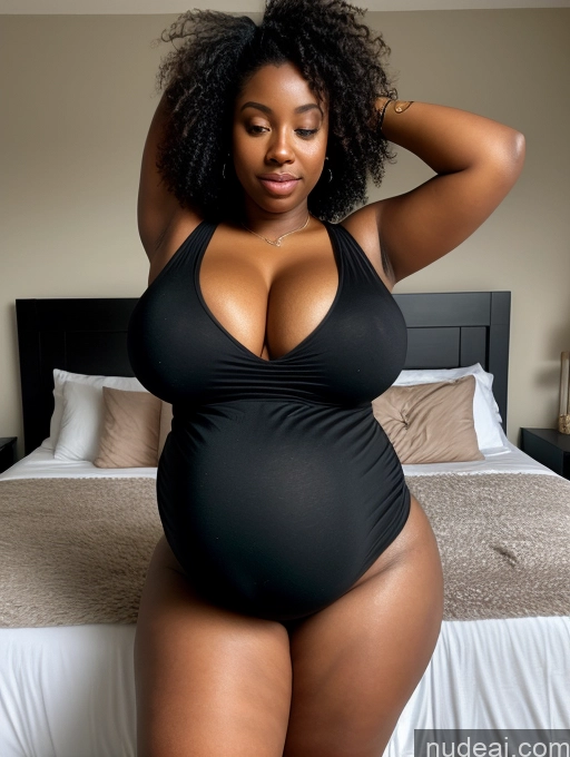 ai nude image of pregnant woman in black swimsuit posing on bed in bedroom pics of Huge Boobs Big Ass Big Hips 20s Messy Dark_Fantasy_Style Bright Lighting Detailed Pregnant Skinny Thick Dark Skin Black Bedroom Sexy Face Legspread Dress