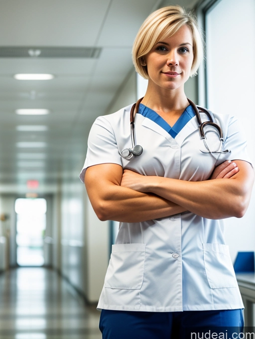 ai nude image of arafed female nurse standing in a hospital hallway with her arms crossed pics of Bodybuilder Huge Boobs Muscular Big Ass Abs Big Hips 30s Sad Blonde Short Hair Scandinavian Front View Hospital Doctor