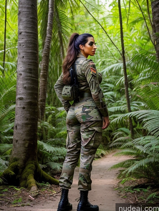 ai nude image of araffe in camouflage uniform standing in a forest with trees pics of Indian Military Big Ass 30s Jungle Long Legs Pouting Lips T-pose Back View