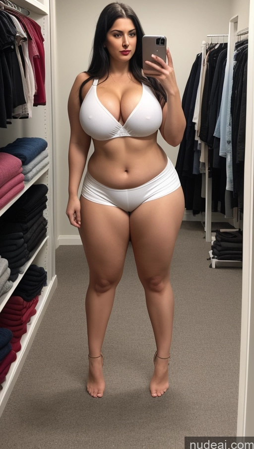 ai nude image of araffe woman in white underwear taking a selfie in a closet pics of Big Ass Abs Chubby Fairer Skin Indian Lipstick Black Hair Long Hair T-pose Busty Jeans Changing Room