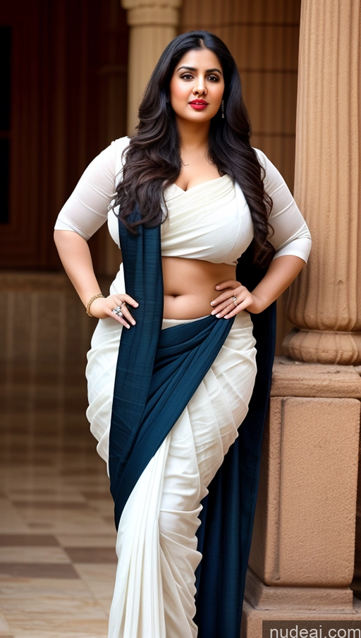 ai nude image of araffe woman in a white and blue sari posing for a picture pics of Big Ass Abs Chubby Fairer Skin Indian Lipstick Black Hair Long Hair Busty Sari