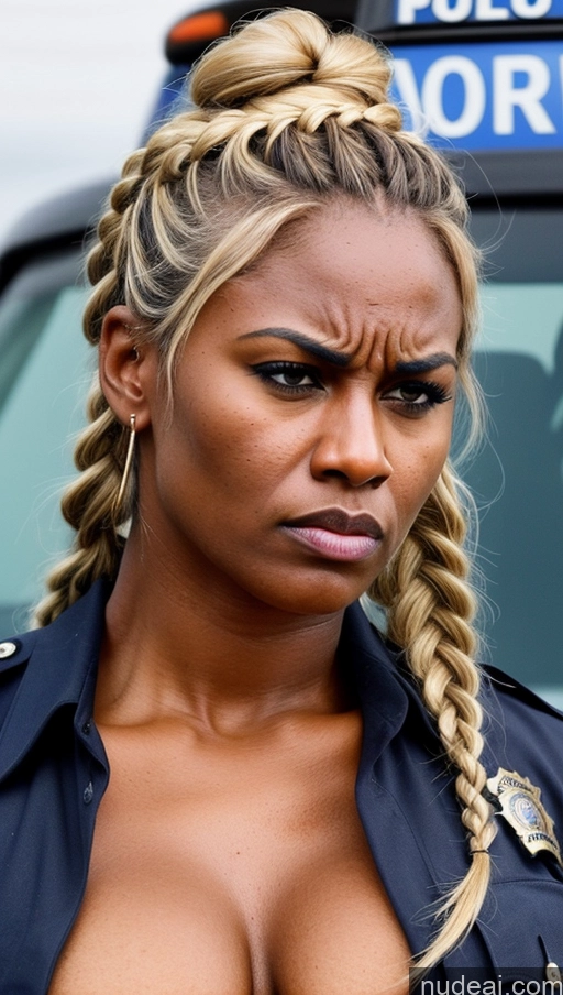 ai nude image of arafed woman in police uniform with braids and a police car pics of Busty Muscular Angry Braided Dark Skin Police Cleavage Blonde