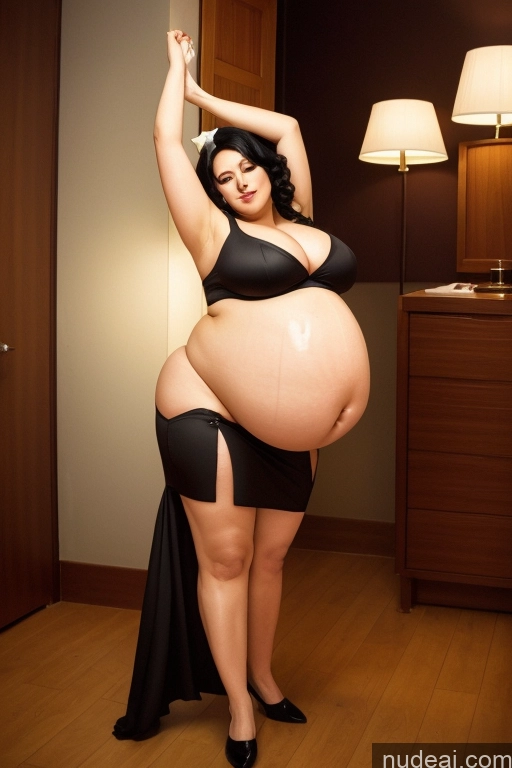 ai nude image of pregnant woman in black dress posing in a room with lamps pics of Milf Huge Boobs Perfect Boobs Big Ass Thick Chubby Big Hips Fat Pregnant 18 Black Hair Dark_Fantasy_Style Bright Lighting Detailed Belly Inflation, Cuminflation, Overeating Maid