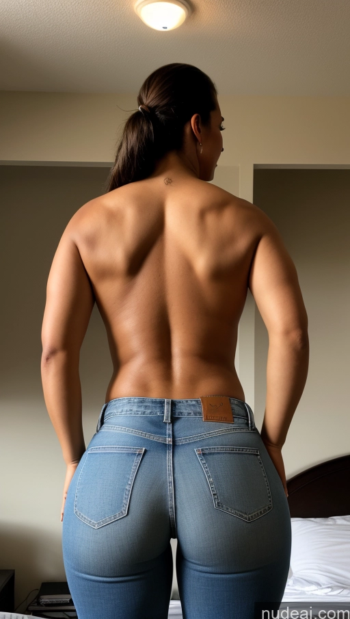 ai nude image of araffed woman in jeans showing off her butt on a bed pics of Athlete Big Ass Big Hips Bedroom Jeans Back View