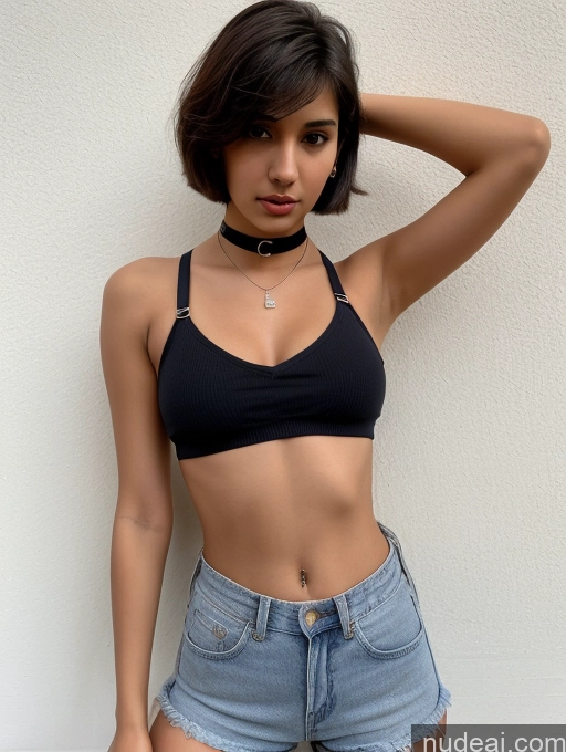 ai nude image of arafed woman in a black top and denim shorts posing for a picture pics of Sorority Beautiful Small Tits Perfect Boobs Skinny Small Ass Short 18 Seductive Shocked Brunette Short Hair Indian Crop Top Daisy Dukes Choker Cleavage Street