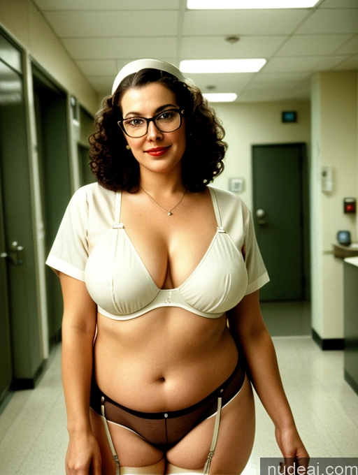 ai nude image of there is a woman in a white top and black panties pics of Milf Beautiful Glasses Lipstick Chubby Curly Hair 40s Brunette Sexy Face Busty Hospital White Nurse Stockings Thick Long Legs Suspender Belt Vintage Seductive