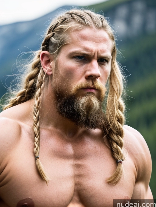 ai nude image of arafed man with long hair and a beard with a braid pics of Bodybuilder Huge Boobs Muscular Big Ass Abs Big Hips 30s Angry Blonde Braided Scandinavian Viking