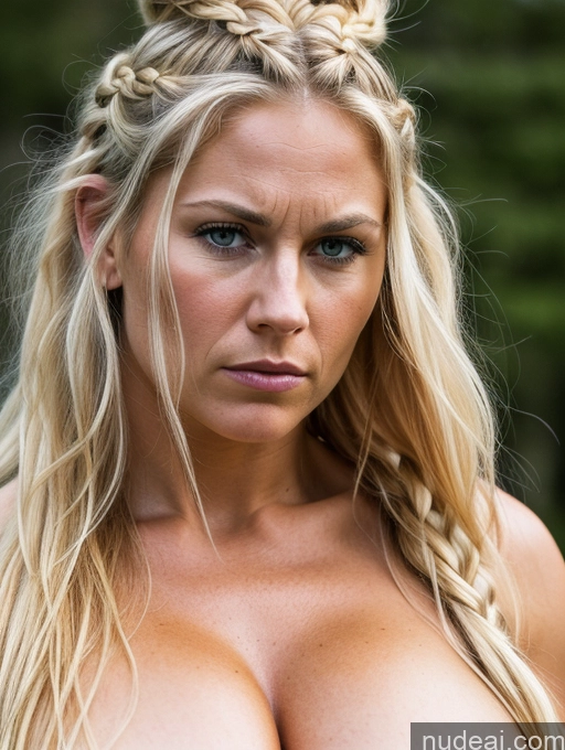 ai nude image of blond woman with big breast posing outdoors in a forest pics of Bodybuilder Huge Boobs Muscular Big Ass Abs Big Hips 30s Angry Blonde Braided Scandinavian Viking Close-up View