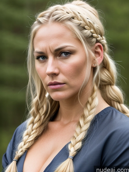 ai nude image of blond woman with braids and a blue dress looking at the camera pics of Huge Boobs Muscular Big Ass Abs Big Hips 30s Angry Blonde Braided Scandinavian Viking Close-up View Woman