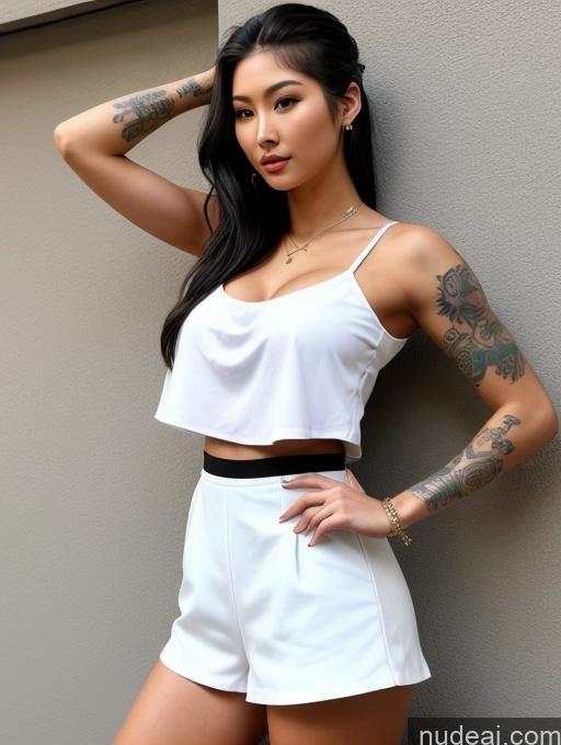 ai nude image of arafed woman with tattoos posing in white shorts and a white top pics of Model Perfect Boobs Busty Tattoos Perfect Body Abs 18 Sexy Face Hair Bun Japanese Big Ass Beautiful White Hair Micro Skirt Jumpsuit