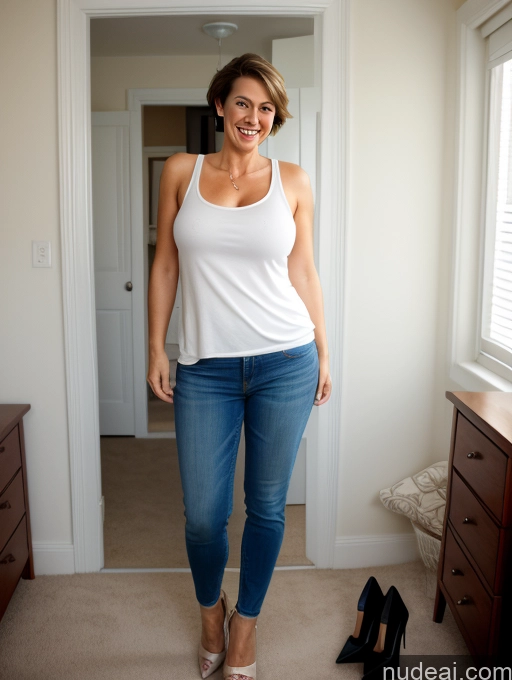 ai nude image of arafed woman in white tank top and jeans standing in a room pics of Busty Big Ass Big Hips Long Legs Tall Pubic Hair 50s Happy Brunette Pixie White Wife Or Girlfriend High Heels Full Frontal Bedroom Jeans Tank Top Skinny Fat