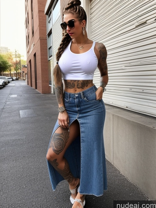 ai nude image of a woman with tattoos and a skirt standing on a sidewalk pics of Greek Busty Perfect Boobs Beautiful Tattoos Muscular Perfect Body 80s 90s Casual Crop Top Long Skirt Teacher Hip Hop Braided