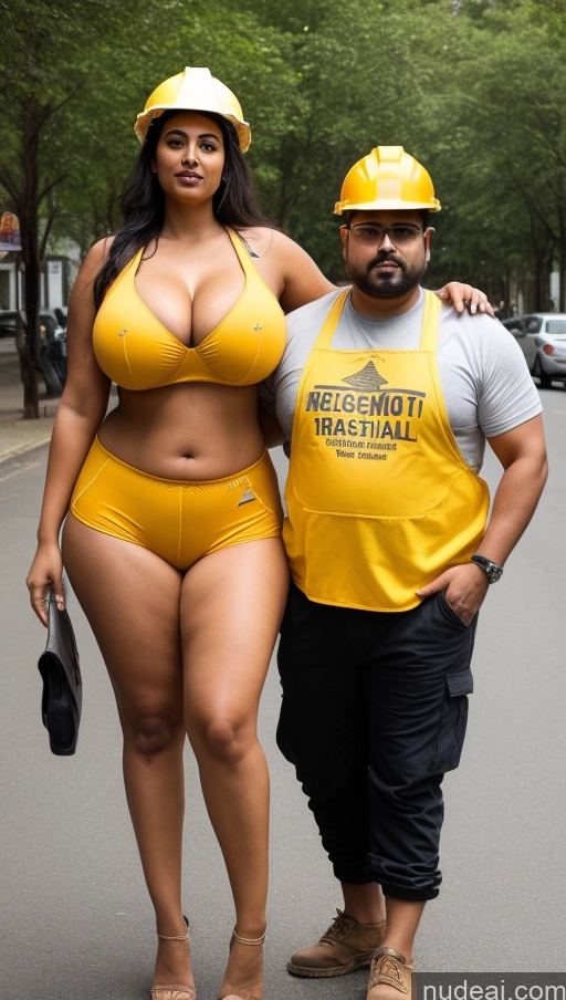 ai nude image of there is a man and woman in construction gear posing for a picture pics of Woman + Man Perfect Boobs Beautiful Thick Big Hips Perfect Body Pubic Hair Tanned Skin 30s Sexy Face Black Hair Indian Surrealist Front View T-pose Detailed Huge Boobs Tall Short Shorts Crop Top Construction Worker Street