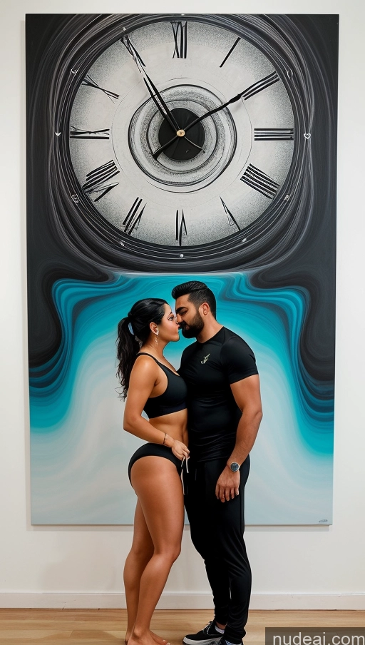 ai nude image of there is a man and woman standing in front of a clock pics of Woman + Man Perfect Boobs Beautiful Thick Big Hips Perfect Body Pubic Hair Tanned Skin 30s Sexy Face Black Hair Indian Surrealist Front View Detailed Sports Sports Bra Short Yoga Pants Gym