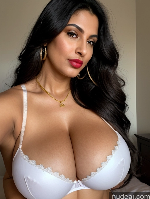 ai nude image of araffed woman in white bra top and panties posing on bed pics of Sorority Beautiful Lipstick Huge Boobs Busty Big Ass Fairer Skin 50s Seductive Sexy Face Pouting Lips Black Hair Long Hair Indian Bedroom Front View Bra Thong Jewelry Gold Jewelry Bright Lighting Detailed