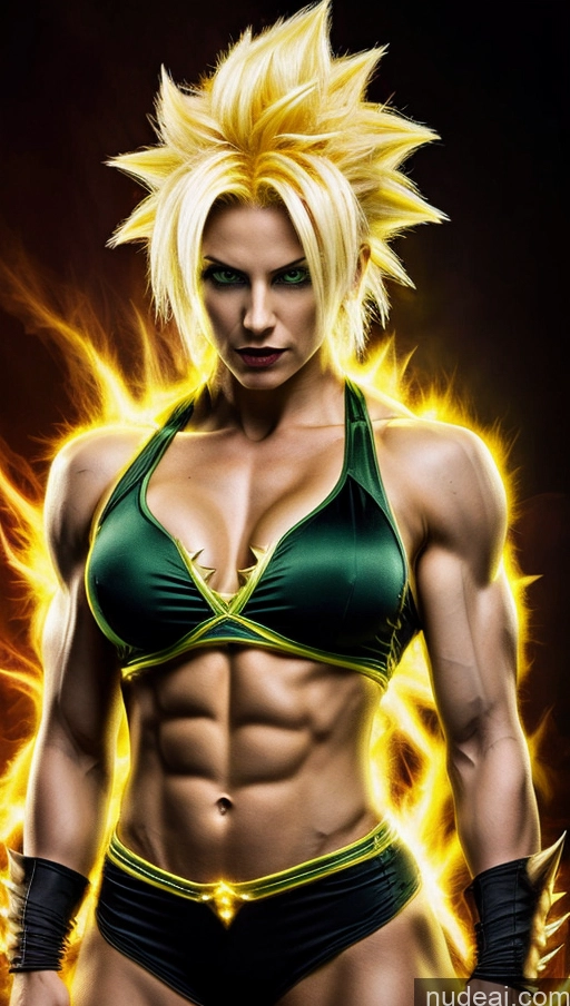 ai nude image of a close up of a person in a bikini with a fire background pics of Vampire Super Saiyan Neon Lights Clothes: Yellow Powering Up Muscular Abs