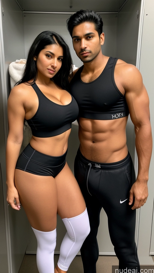 ai nude image of arafed man and woman posing in a locker with their underwear on pics of Woman + Man Perfect Boobs Beautiful Thick Big Hips Perfect Body Pubic Hair Tanned Skin 30s Sexy Face Black Hair Indian Front View Detailed Sports Sports Bra Yoga Pants Big Ass Locker Room Jacket Shocked Serious