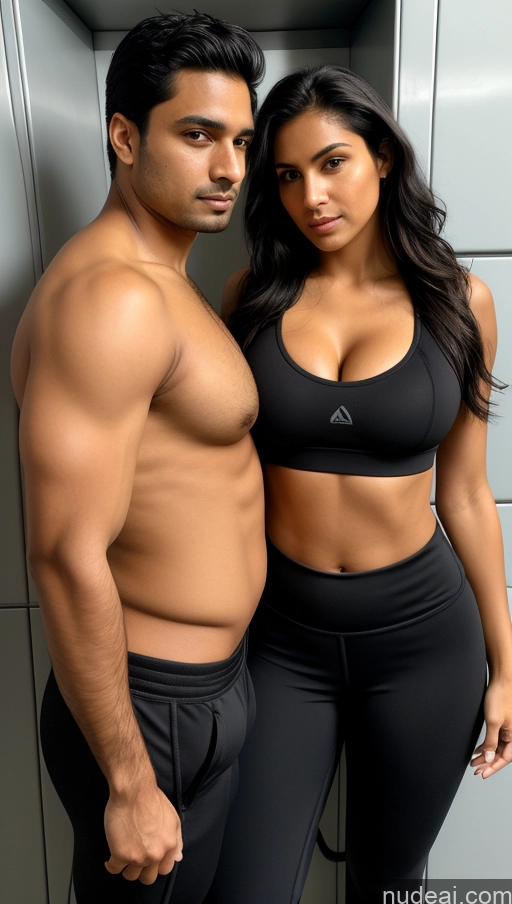 ai nude image of there is a man and woman posing for a picture in a locker pics of Woman + Man Perfect Boobs Beautiful Thick Big Hips Perfect Body Pubic Hair Tanned Skin 30s Sexy Face Black Hair Indian Front View Detailed Sports Sports Bra Yoga Pants Big Ass Locker Room Jacket Shocked Serious