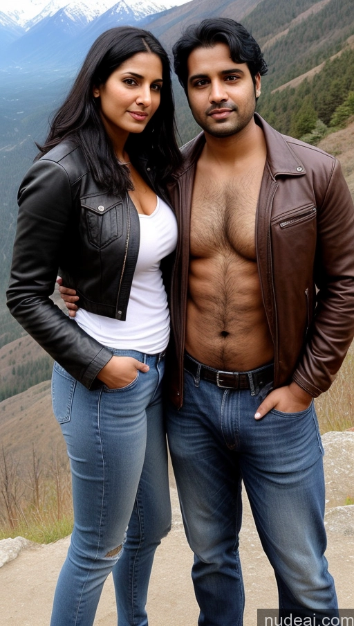 ai nude image of there are two people standing together in the mountains posing for a picture pics of Woman + Man Perfect Boobs Beautiful Thick Big Hips Perfect Body Pubic Hair Tanned Skin 30s Sexy Face Black Hair Indian Front View Detailed Big Ass Shocked Serious Skinny Jacket Jeans Leather Salwar Mountains