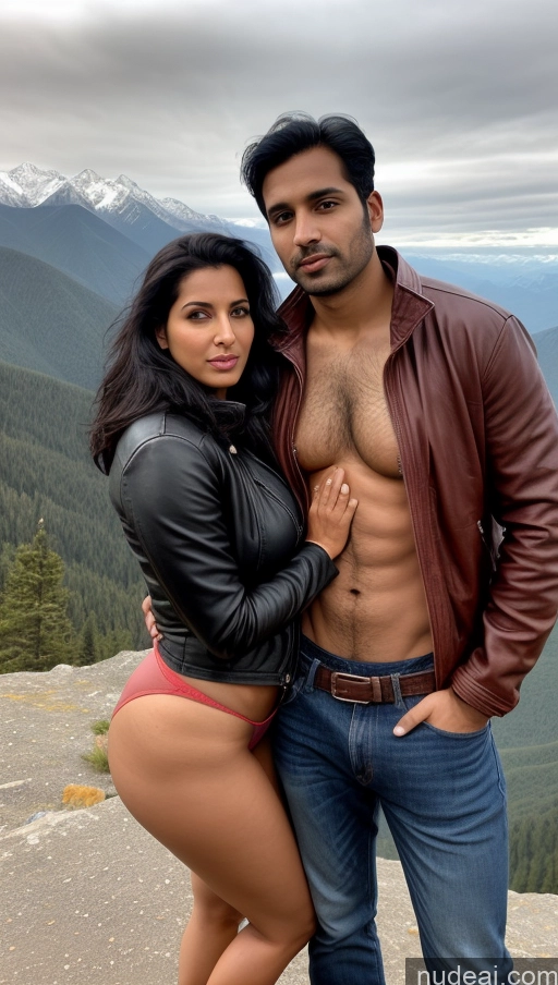 ai nude image of araffes man and woman posing for a picture on a mountain pics of Woman + Man Perfect Boobs Beautiful Thick Big Hips Perfect Body Pubic Hair Tanned Skin 30s Sexy Face Black Hair Indian Front View Detailed Big Ass Shocked Serious Skinny Jacket Jeans Leather Salwar Mountains