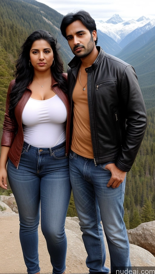 ai nude image of there are two people standing next to each other on a mountain pics of Woman + Man Perfect Boobs Beautiful Thick Big Hips Perfect Body Pubic Hair 30s Sexy Face Black Hair Indian Front View Detailed Big Ass Shocked Serious Skinny Jacket Jeans Leather Salwar Mountains