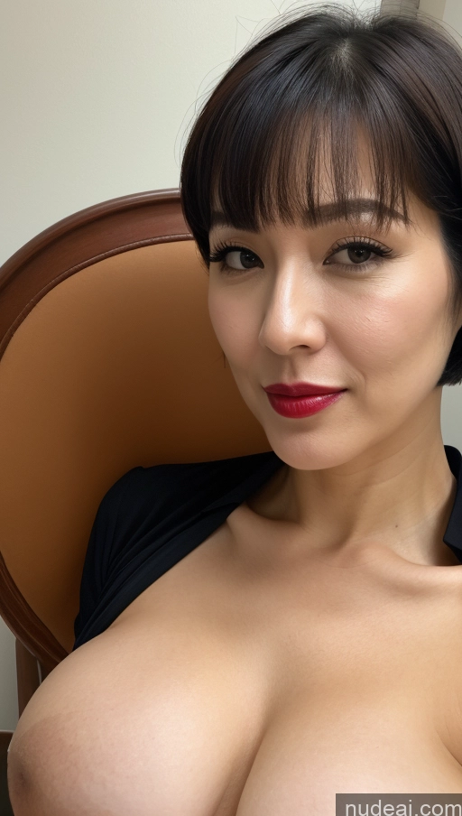 ai nude image of arafed asian woman with big breast sitting in a chair pics of Woman One Huge Boobs Beautiful Lipstick Fairer Skin 40s Black Hair Short Hair Close-up View Detailed Korean Western Dress