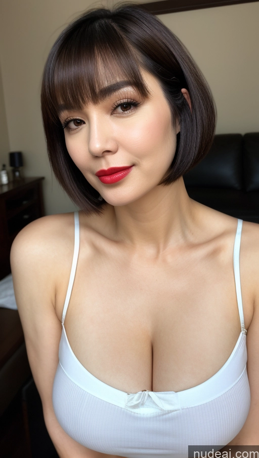 ai nude image of arafed asian woman with a white bra top and red lipstick pics of Woman One Huge Boobs Beautiful Lipstick Fairer Skin Black Hair Short Hair Close-up View Detailed Korean Western Dress 50s