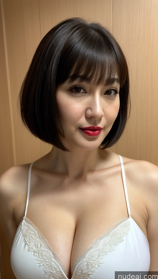 ai nude image of arafed woman with a white bra and a red lipstick pics of Woman One Huge Boobs Beautiful Lipstick Fairer Skin Black Hair Short Hair Close-up View Detailed Korean 40s Western Cleavage