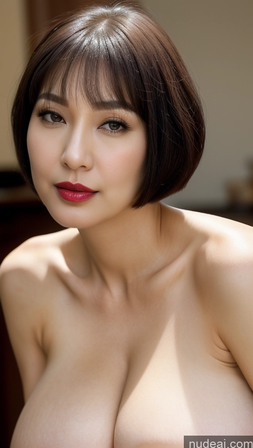 ai nude image of arafed asian woman with a very big breast posing for a picture pics of Woman One Huge Boobs Beautiful Lipstick Fairer Skin Black Hair Short Hair Close-up View Detailed Korean 40s Western Cleavage