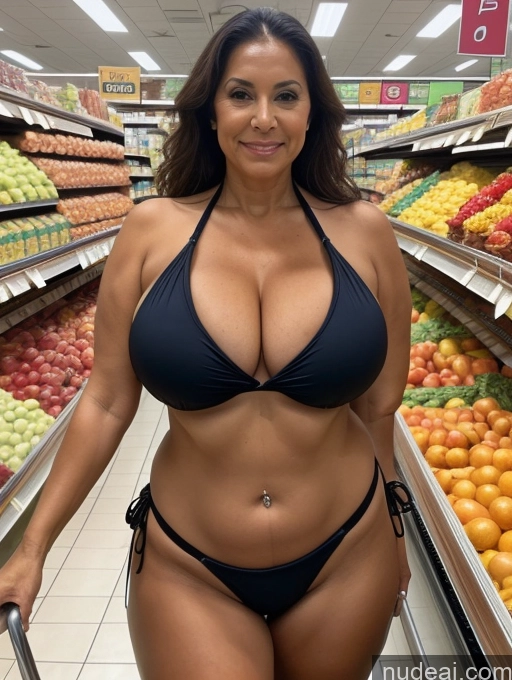 ai nude image of a woman in a bikini posing in a grocery store pics of Milf Tanned Skin Grocery Microkini Thong Busty Huge Boobs Front View 80s One Brunette Brazilian