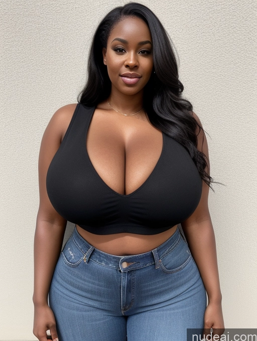 ai nude image of a close up of a woman in a black top and jeans pics of Woman One Huge Boobs Perfect Boobs Big Ass Big Hips Thick Perfect Body 30s Black Hair Long Hair African Crop Top Jeans Cleavage Detailed