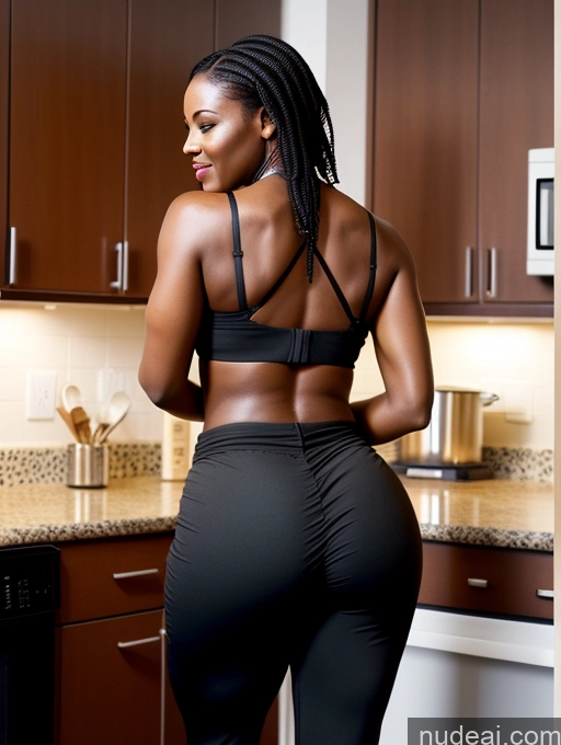 ai nude image of araffe woman in black pants and a black bra top in a kitchen pics of Big Ass Perfect Body 40s African Kitchen Back View Cooking Harem Pants