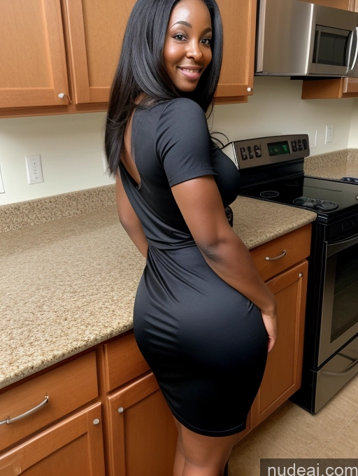 ai nude image of there is a woman in a black dress standing in a kitchen pics of Perfect Body 40s African Kitchen Back View Cooking Small Ass Fat Pajamas Dress