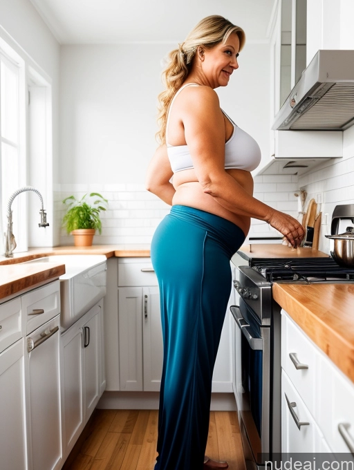 ai nude image of pregnant woman in blue pants standing in kitchen preparing food pics of Big Ass Fat Perfect Body 70s Swedish Kitchen Harem Pants Side View