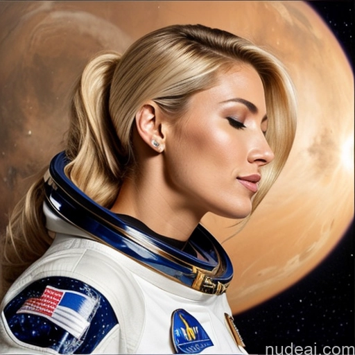 ai nude image of arafed woman in a space suit with a planet in the background pics of One Orgasm Sexy Face 30s German Miss Universe Model Perfect Body Small Tits Side View Blonde Space Suit